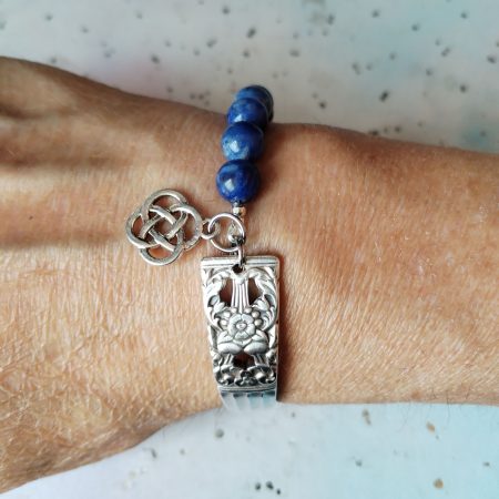 Handcrafted Silver Plated Spoon Handle Bracelet with Sodalite beads Choice of Charm.