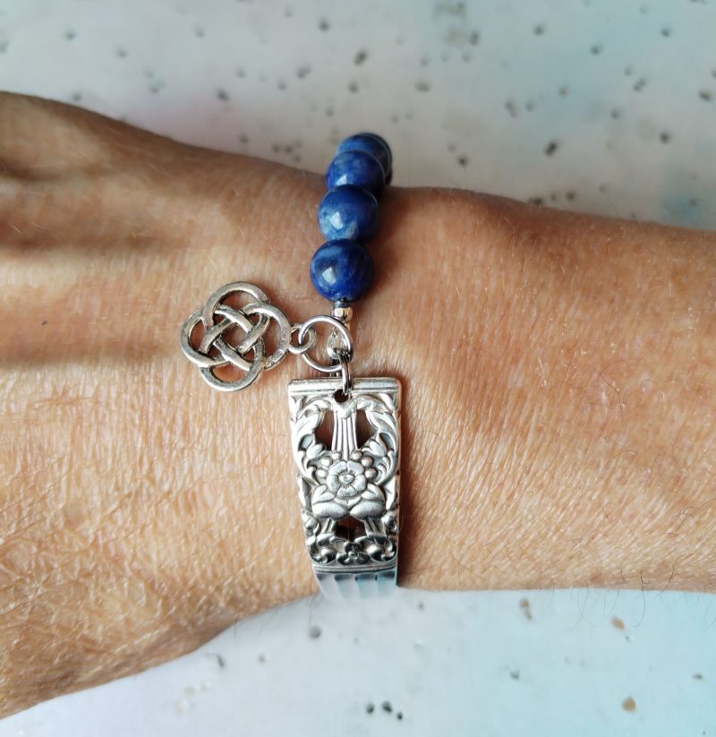 Handcrafted Silver Plated Spoon Handle Bracelet with Sodalite beads Choice of Charm.