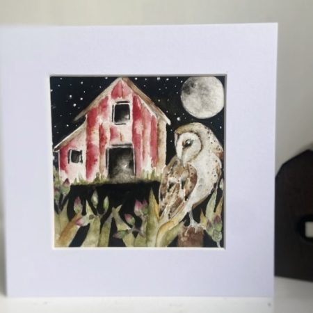 Mounted Original Barn Owl Watercolour Painting Whimsical Wall Art