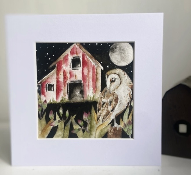 Mounted Original Barn Owl Watercolour Painting Whimsical Wall Art