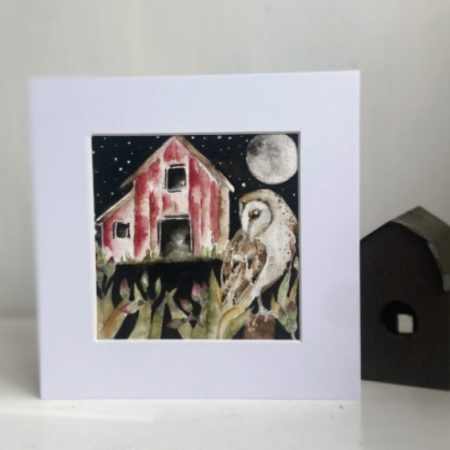 Mounted Original Barn Owl Watercolour Painting Whimsical Wall Art