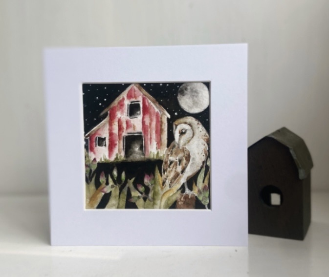 Mounted Original Barn Owl Watercolour Painting Whimsical Wall Art
