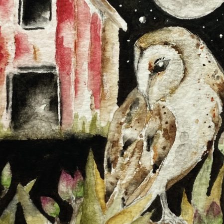 Mounted Original Barn Owl Watercolour Painting Whimsical Wall Art