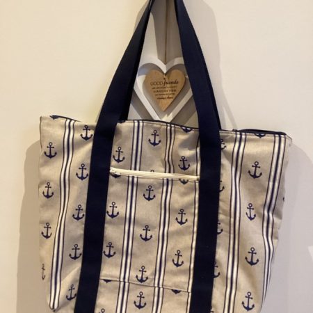 Navy/Beige Nautical Seaside Themed Anchor Lined Zipped Medium/Large Beach Bag