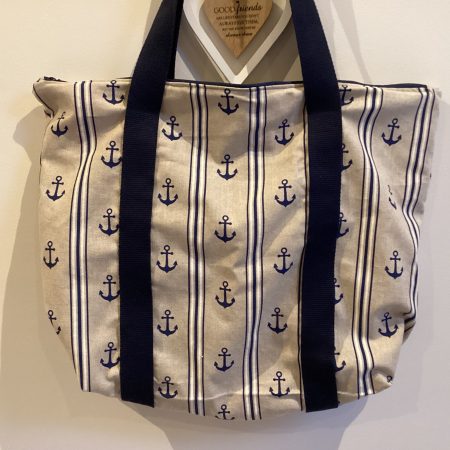 Navy/Beige Nautical Seaside Themed Anchor Lined Zipped Medium/Large Beach Bag