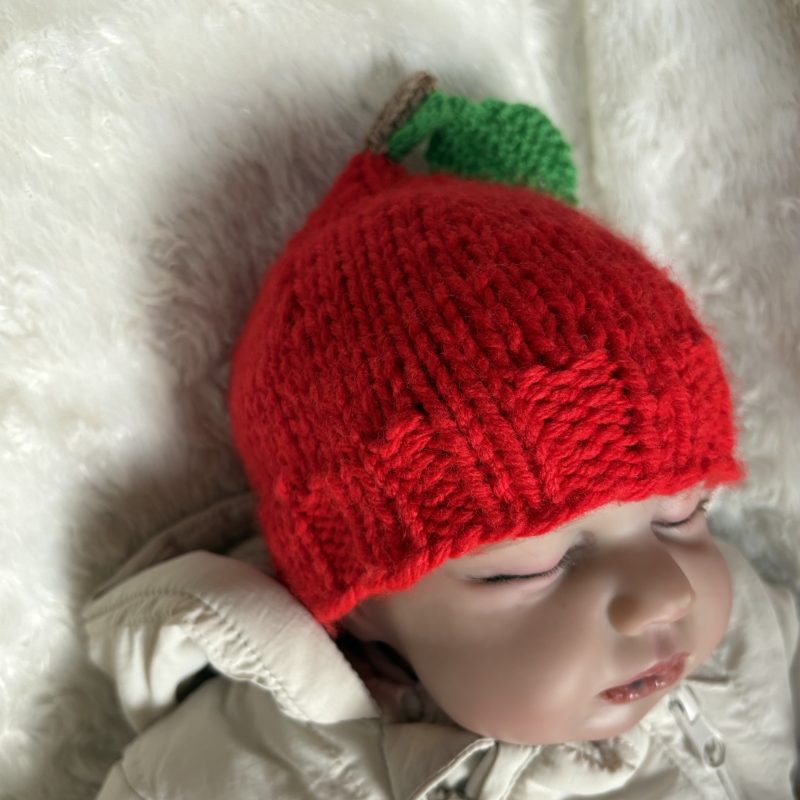 Hand Knitted, red apple style Baby Hat, made with acrylic yarn. 3 Sizes Birth to 6 Months