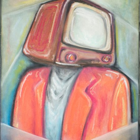TV Head Surrealistic Original Oil Pastel Artwork in 28 cm x 35.5 cm