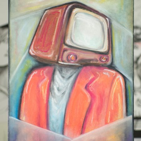 TV Head Surrealistic Original Oil Pastel Artwork in 28 cm x 35.5 cm