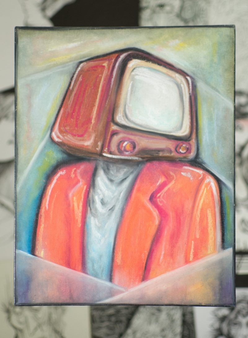 TV Head Surrealistic Original Oil Pastel Artwork in 28 cm x 35.5 cm