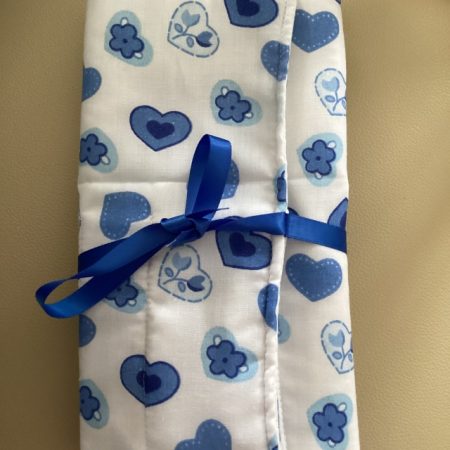 Gorgeous Blue Hearts/Flowers on White Fabric Wrap Jewellery/ Make Up/Accessory Roll