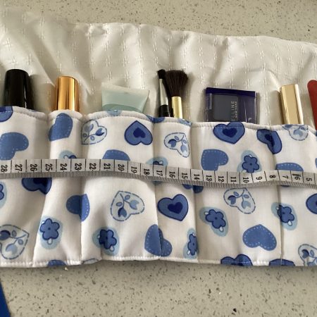 Gorgeous Blue Hearts/Flowers on White Fabric Wrap Jewellery/ Make Up/Accessory Roll