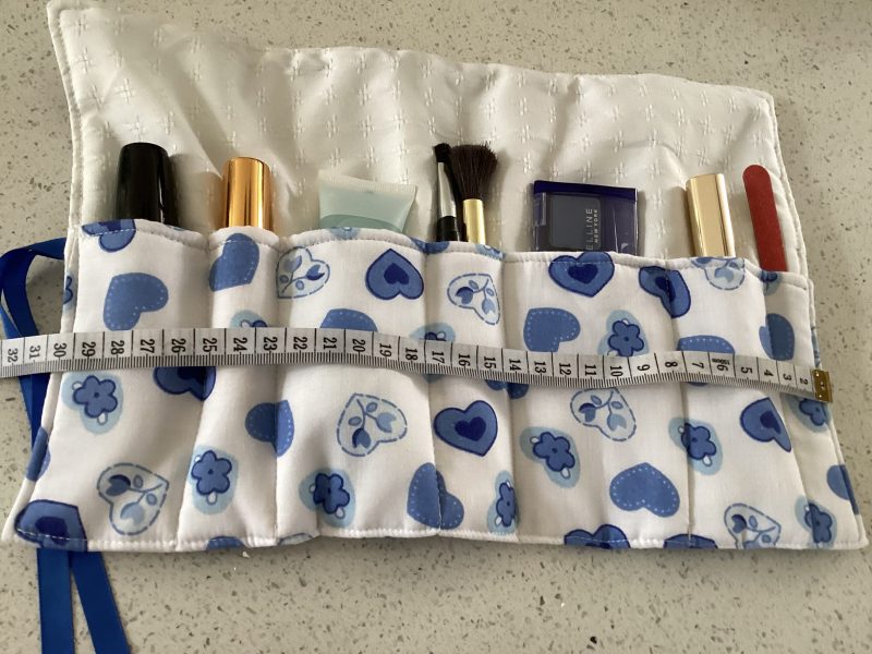 Gorgeous Blue Hearts/Flowers on White Fabric Wrap Jewellery/ Make Up/Accessory Roll