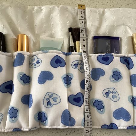 Gorgeous Blue Hearts/Flowers on White Fabric Wrap Jewellery/ Make Up/Accessory Roll