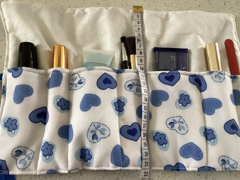 Gorgeous Blue Hearts/Flowers on White Fabric Wrap Jewellery/ Make Up/Accessory Roll