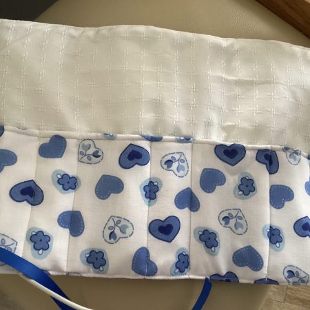 Gorgeous Blue Hearts/Flowers on White Fabric Wrap Jewellery/ Make Up/Accessory Roll