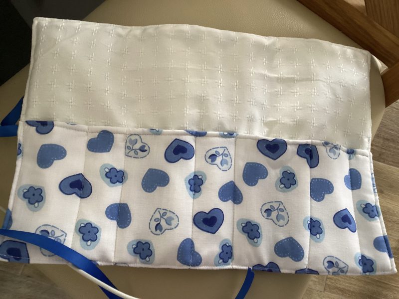 Gorgeous Blue Hearts/Flowers on White Fabric Wrap Jewellery/ Make Up/Accessory Roll
