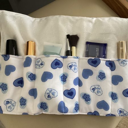 Gorgeous Blue Hearts/Flowers on White Fabric Wrap Jewellery/ Make Up/Accessory Roll