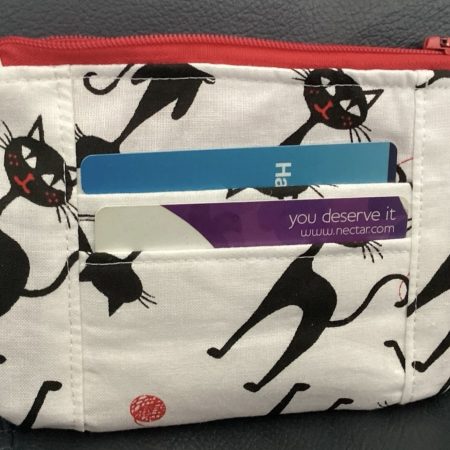 Super Cute Handmade Black Cat Fabric Zipped Coin/Card Purse with Matching Red Lining