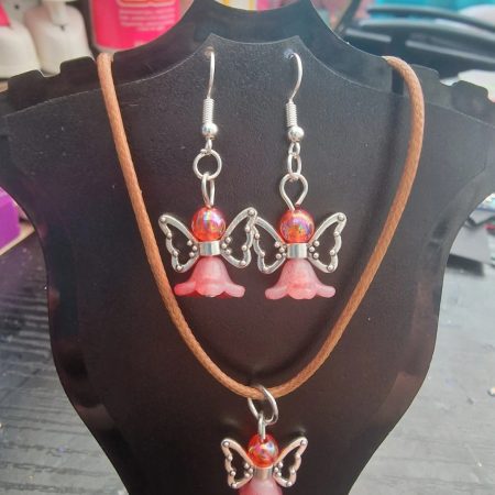 Handmade Red Angel Necklace And Earring Set