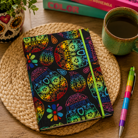 Handmade Rainbow Candy Skull Fabric Notebook
