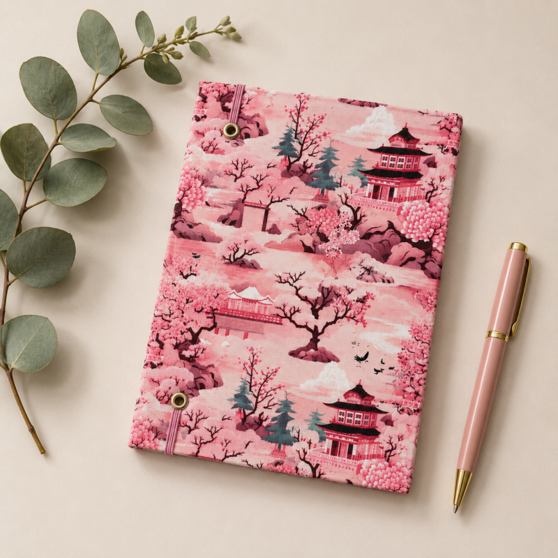 Handmade Japanese Cherry Blossom Fabric Notebook – 80 Lined Pages