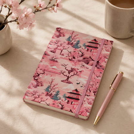 Handmade Japanese Cherry Blossom Fabric Notebook – 80 Lined Pages