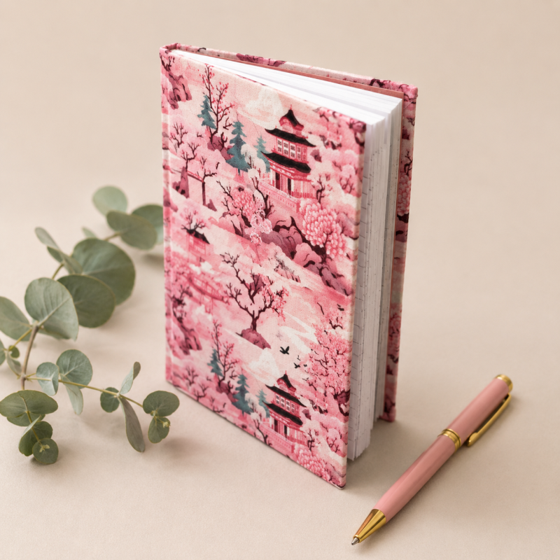 Handmade Japanese Cherry Blossom Fabric Notebook – 80 Lined Pages