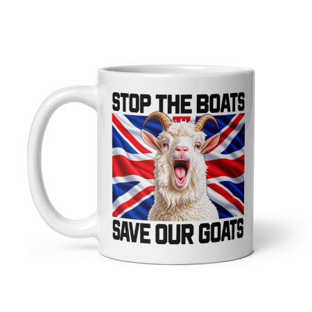 Stop The Boats Save Our Goats Funny British Satire – 11oz White Ceramic Mug