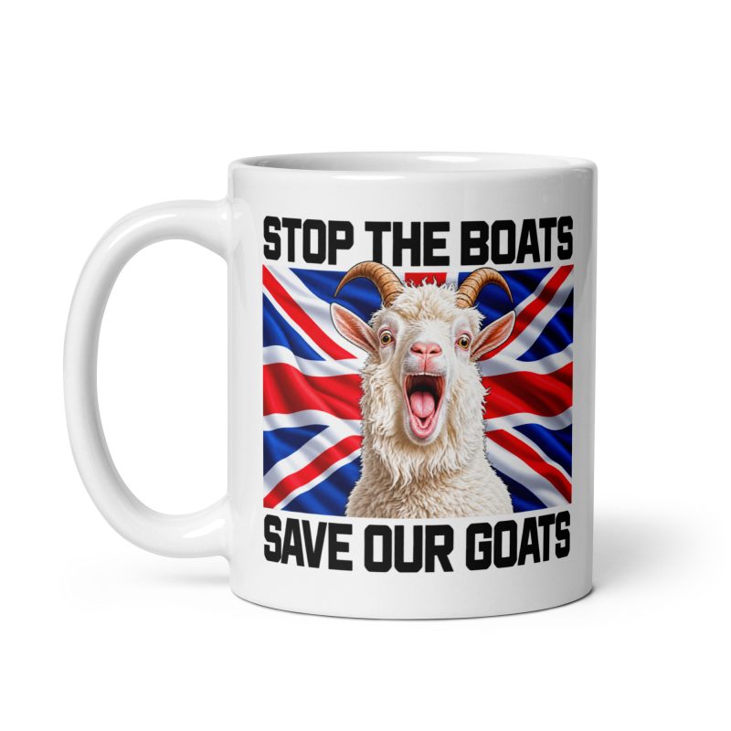 Stop The Boats Save Our Goats Funny British Satire – 11oz White Ceramic Mug