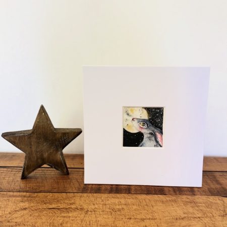 Mounted Miniature Moon Gazing Hare Rabbit Watercolour Painting Starry Night Art for Sale