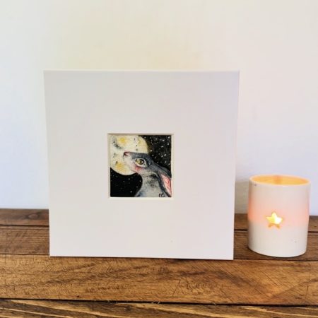 Mounted Miniature Moon Gazing Hare Rabbit Watercolour Painting Starry Night Art for Sale