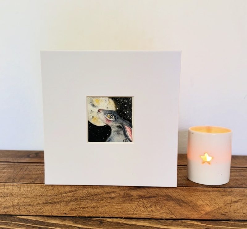 Mounted Miniature Moon Gazing Hare Rabbit Watercolour Painting Starry Night Art for Sale