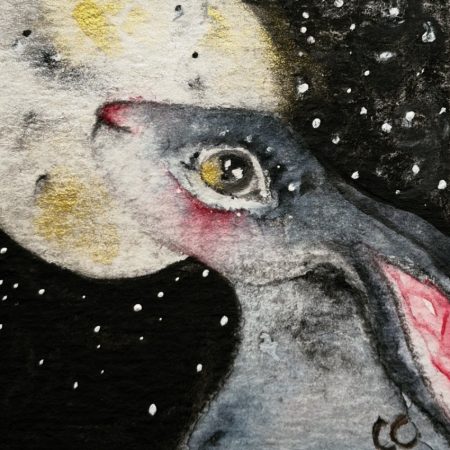 Mounted Miniature Moon Gazing Hare Rabbit Watercolour Painting Starry Night Art for Sale