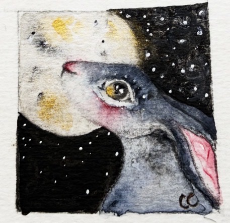 Mounted Miniature Moon Gazing Hare Rabbit Watercolour Painting Starry Night Art for Sale