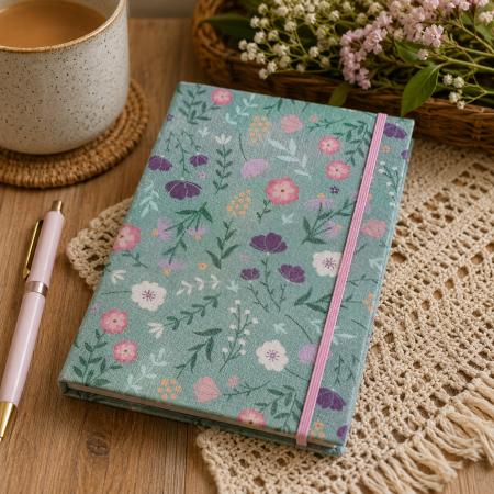 Handmade Teal Wildflower Fabric Notebook – 112 Lined Pages