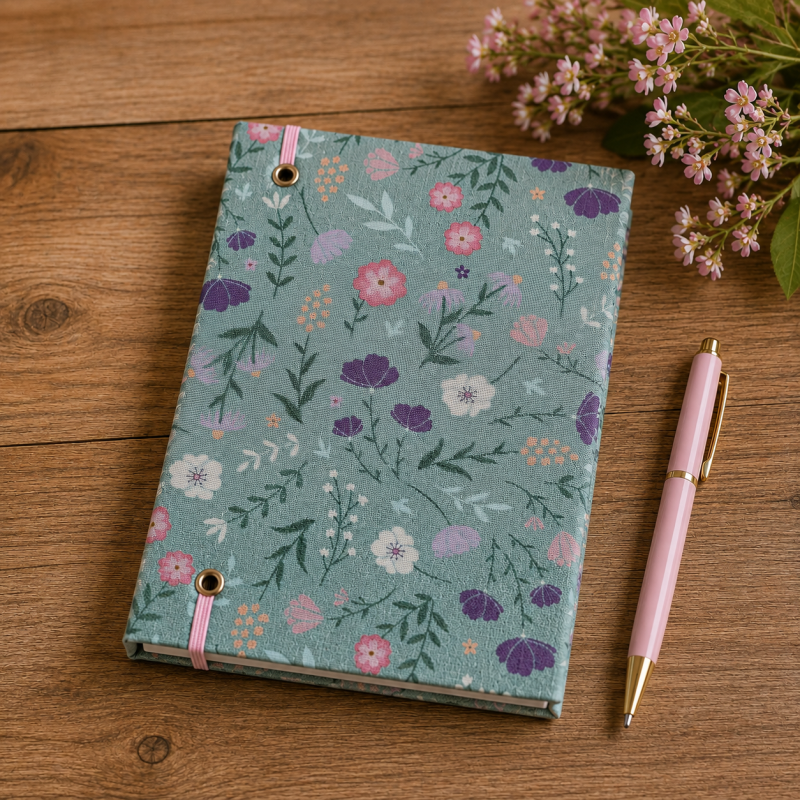Handmade Teal Wildflower Fabric Notebook – 112 Lined Pages