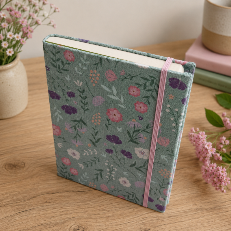 Handmade Teal Wildflower Fabric Notebook – 112 Lined Pages