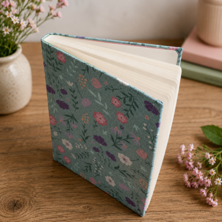 Handmade Teal Wildflower Fabric Notebook – 112 Lined Pages