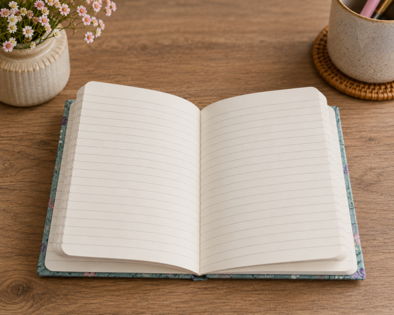 Handmade Teal Wildflower Fabric Notebook – 112 Lined Pages