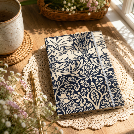 Handbound William Morris Fabric Notebook – Navy & Cream Journal – Traditional Bookbinding – Blank Pages