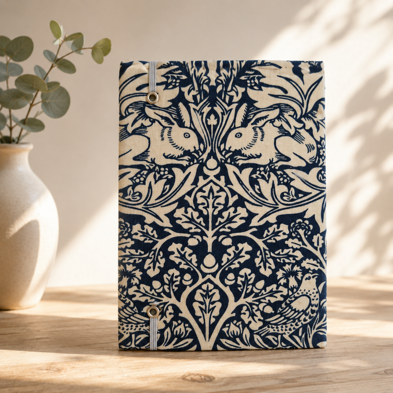 Handbound William Morris Fabric Notebook – Navy & Cream Journal – Traditional Bookbinding – Blank Pages