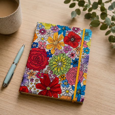 Handmade Colourful Wildflower Fabric Notebook – Lined Journal – Traditional Bookbinding