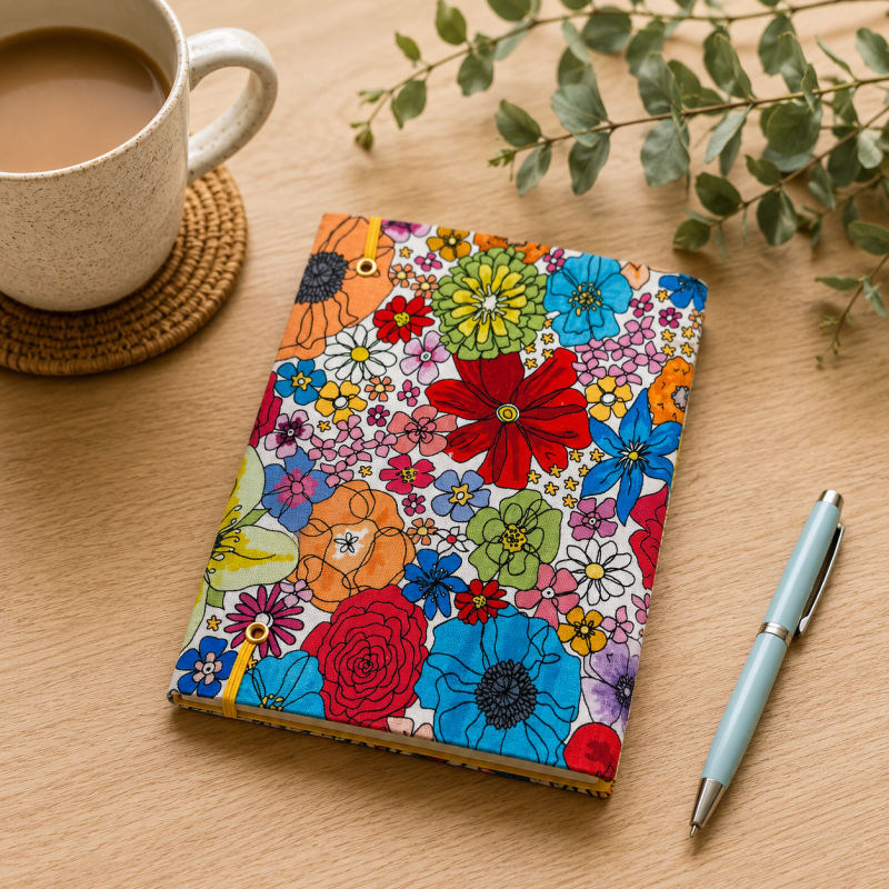 Handmade Colourful Wildflower Fabric Notebook – Lined Journal – Traditional Bookbinding