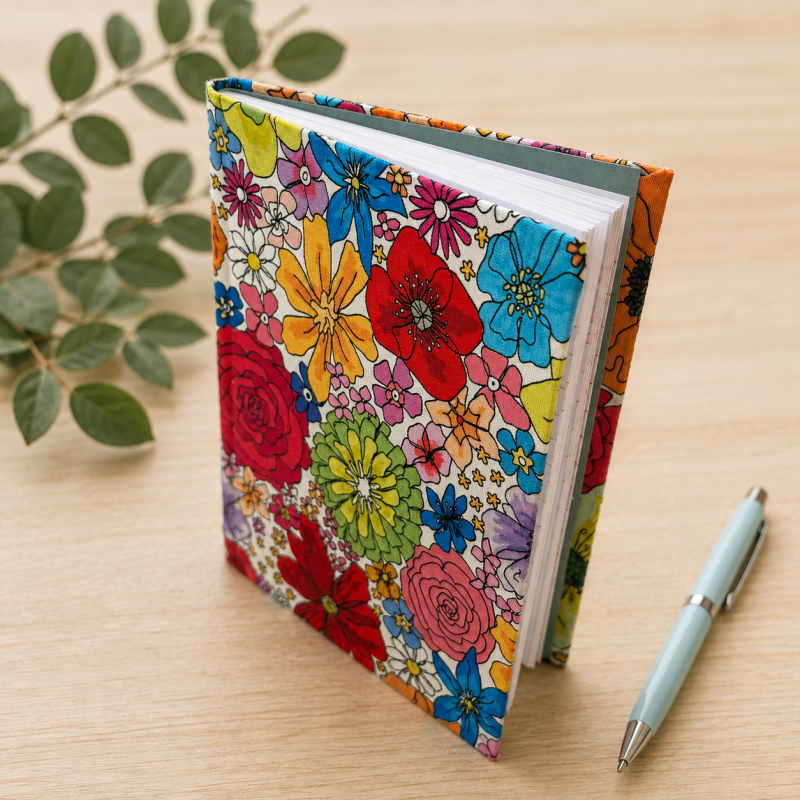 Handmade Colourful Wildflower Fabric Notebook – Lined Journal – Traditional Bookbinding