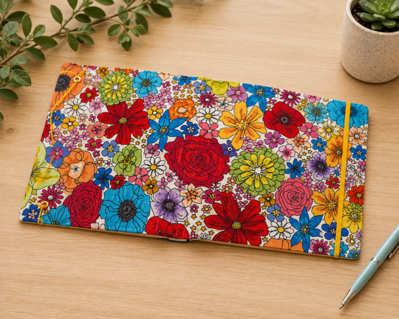 Handmade Colourful Wildflower Fabric Notebook – Lined Journal – Traditional Bookbinding