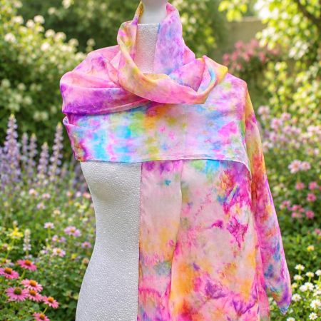 Stunning Hand Dyed Pure Silk Scarf in Pinks, Purples, Green, Turquoise and Lemon 'Flower Garden'