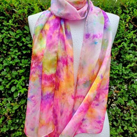 Stunning Hand Dyed Pure Silk Scarf in Pinks, Purples, Green, Turquoise and Lemon 'Flower Garden'