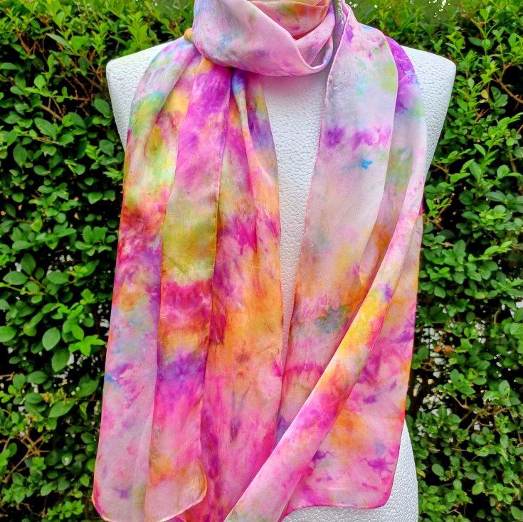 Stunning Hand Dyed Pure Silk Scarf in Pinks, Purples, Green, Turquoise and Lemon 'Flower Garden'