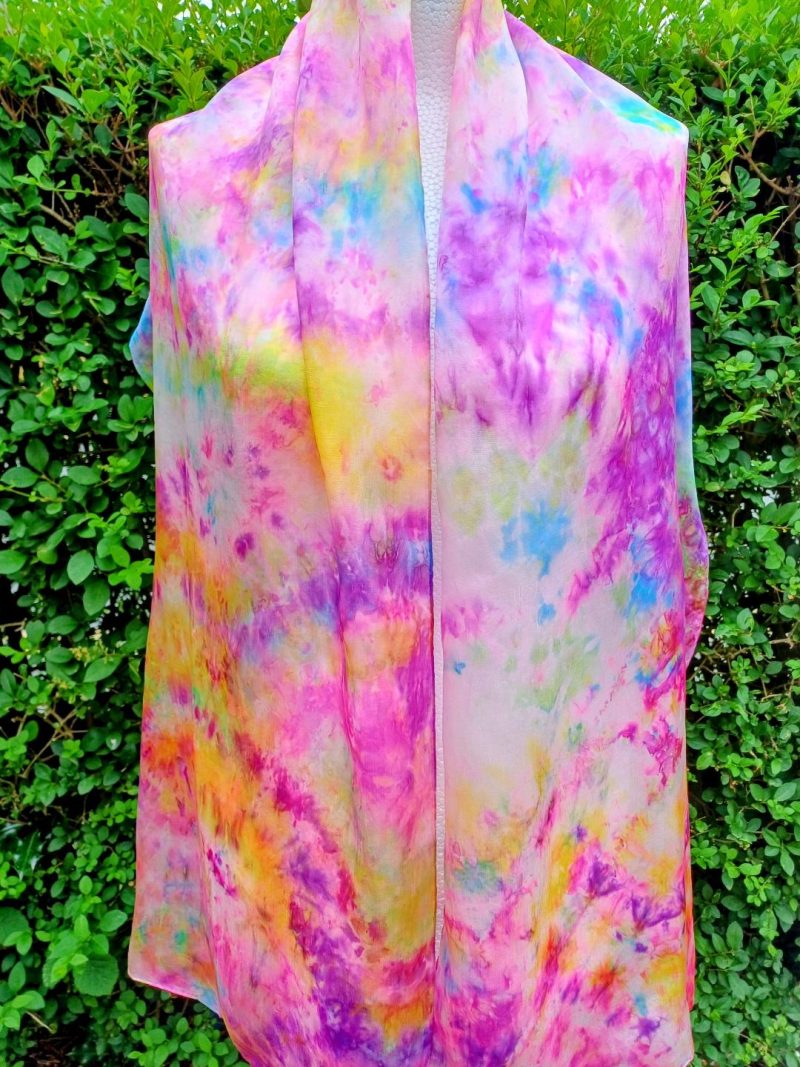 Stunning Hand Dyed Pure Silk Scarf in Pinks, Purples, Green, Turquoise and Lemon 'Flower Garden'