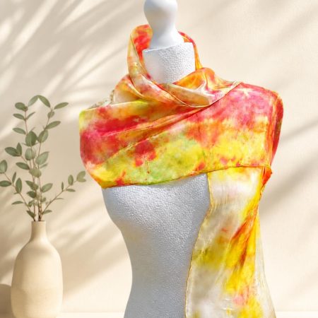 Beautiful Hand Dyed Pure Silk Scarf in vivid Yellow, Reds and a touch of Green. 'Sunburst'